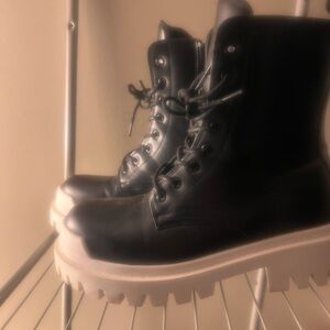 Black Lace-Up Boots with White Soles